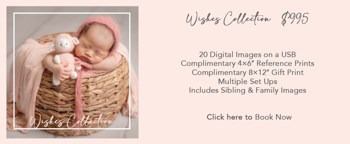 Wishes Collection  $995 20 Digital Images on a USB Complimentary 4×6″ Reference Prints Complimentary 8×12″ Gift Print Multiple Set Ups Includes Sibling & Family Images